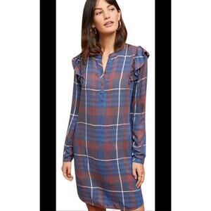 Anthropologie Cloth & Stone Red Blue Plaid Ruffle Shoulder Peasant Tunic Size L